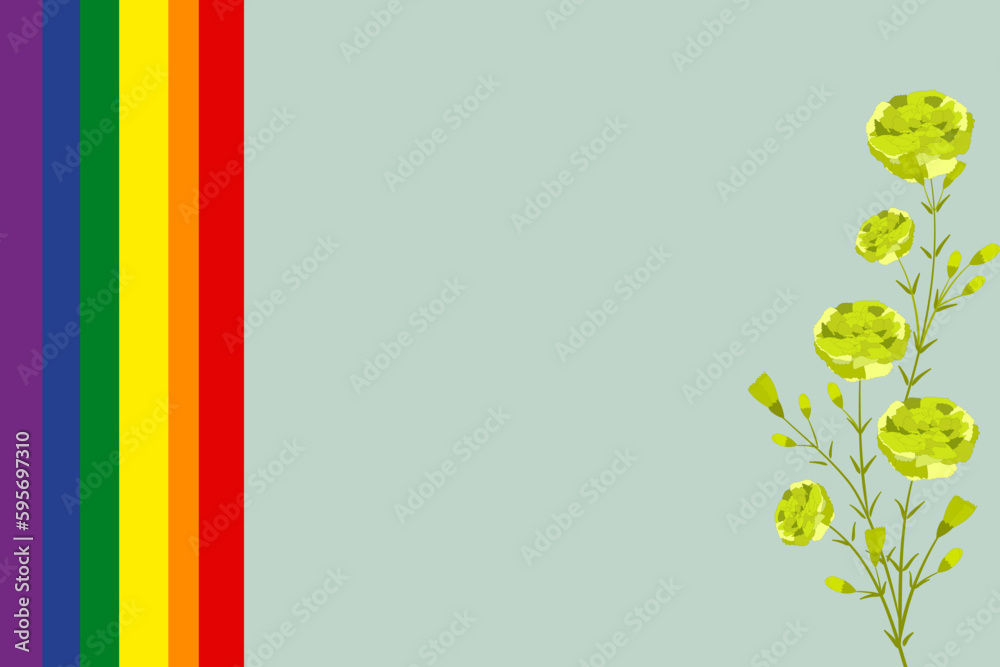 Obraz premium Pride month background LGBTQ Pride rainbow Flag green carnation flower. Vector banner Website banner. Symbol of pride month june support.