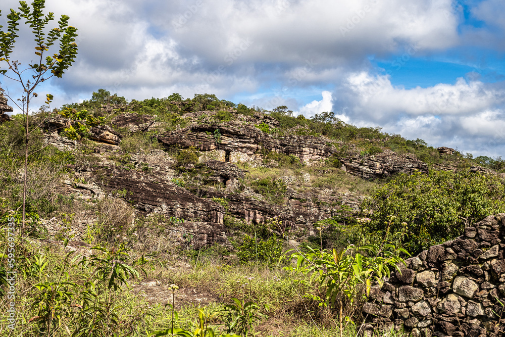 Rocky house ruins on small historic countryside village of Igatu, Chapada Diamantina, Bahia, Brazil.