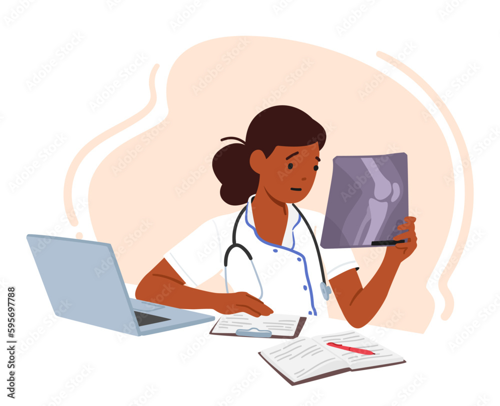 Young Female Doctor Character Sitting At Desk With Laptop, Working On Patient X-ray Image, Utilizing Technology Young Female Doctor Character Sitting At Desk With Laptop, Working On Patient X-ray Image, Utilizing Technology