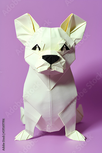 Origami paper white dog on pink background  generative ai