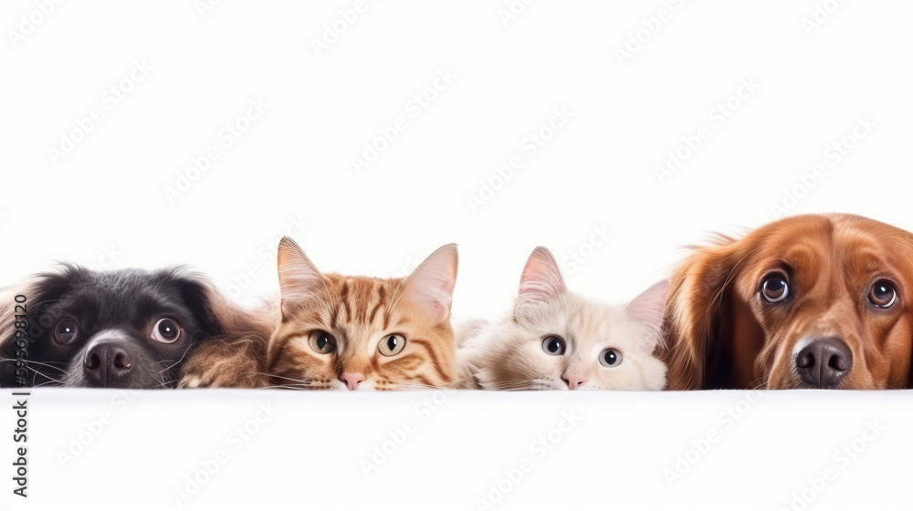 Dogs and cats peeking over web banner isolated white background. Al generated