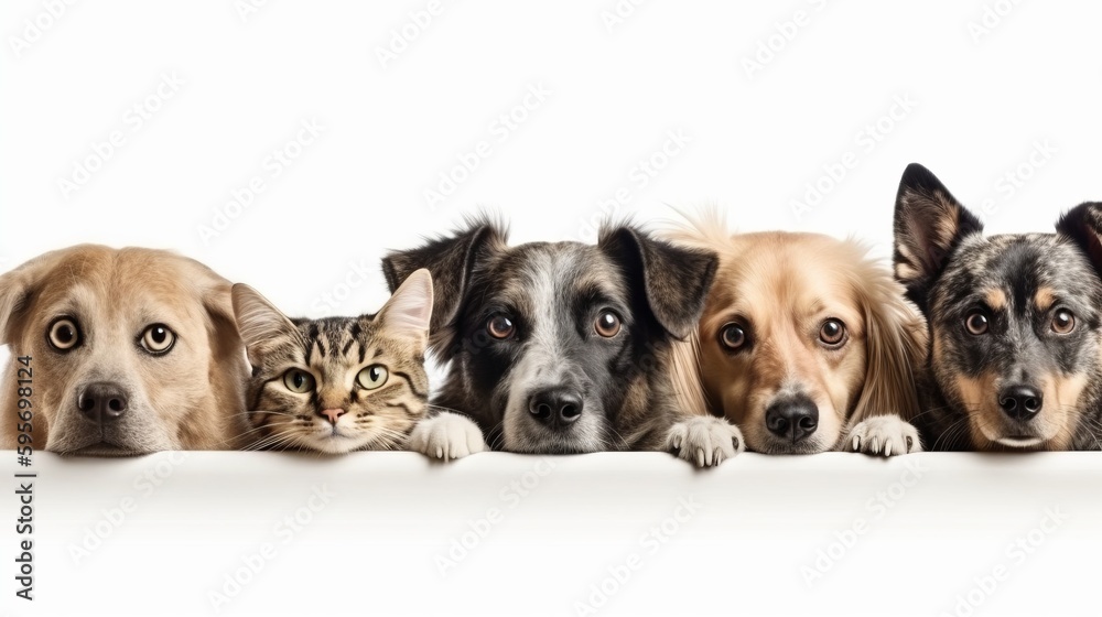 Dogs and cats peeking over web banner isolated white background. Al generated