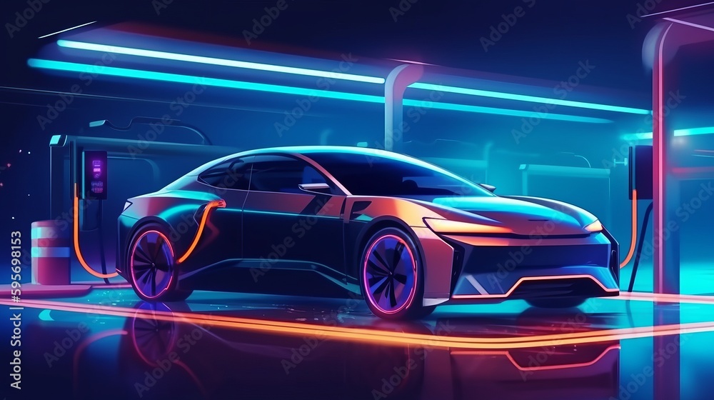 Electric car charging on the station illustration. Green neon glowing. AI generated
