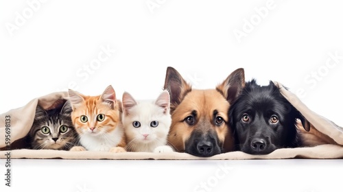 Dogs and cats peeking over web banner isolated white background. Al generated © ArtStage