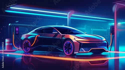 Electric car charging on the station illustration. Green neon glowing. AI generated