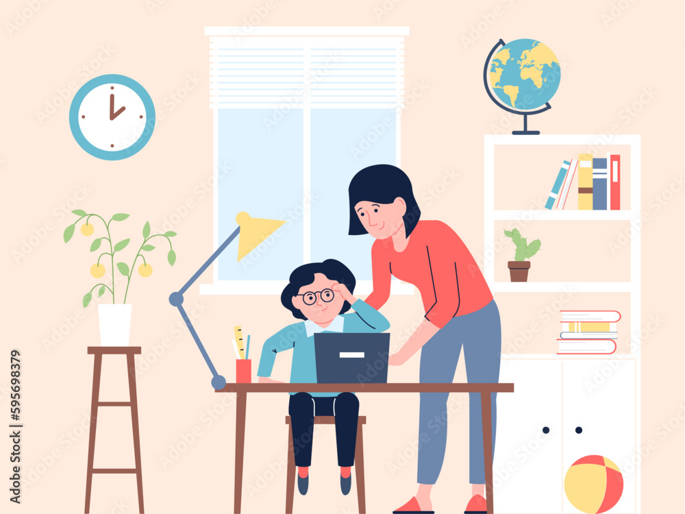 Home education, parent teaching child. Mother explain homework to son in living room. Family lesson, studying reading together, recent vector scene