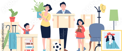 Happy family in new home. Parents and children with different boxes, things and furniture. Moving in new apartment or house, recent vector concept