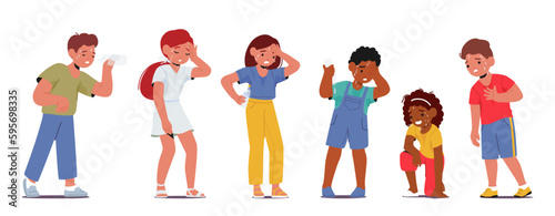 Children Characters Suffer From Extreme Heat. Kids With Red Faces, Sweat, Feel Dehydration, Discomfort, Exhaustion