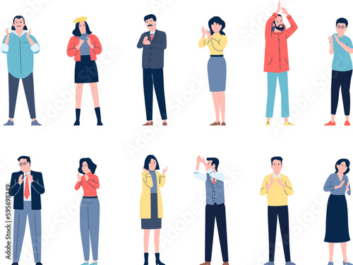 People clapping, employee man clap. Various casual flat women and men applause hands. Positive office team or person, recent vector characters