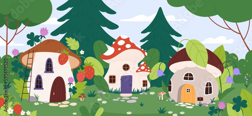 Fototapeta Naklejka Na Ścianę i Meble -  Fairytale village in forest. Fantasy city with mushroom houses on meadow with flowers, wood and grass. Dwarf or fairy building racy vector background