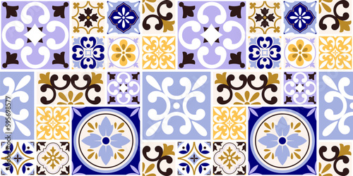 Modern abstract ceramic mosaic seamless pattern. Kitchen tiles geometric decor, porcelain traditional portuguese decoration, racy vector background