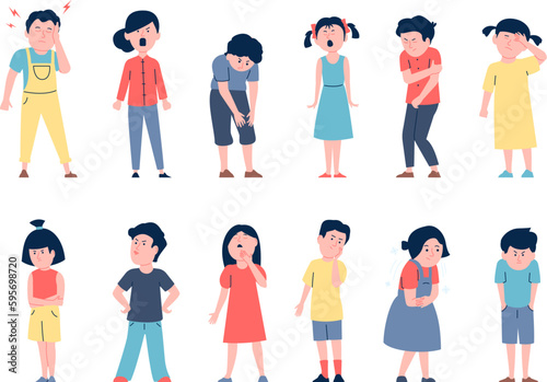 Negative emotional kids, sickness and sadness. Cartoon flat kid headache, fever or pain. Frustrated and scream children, recent vector set