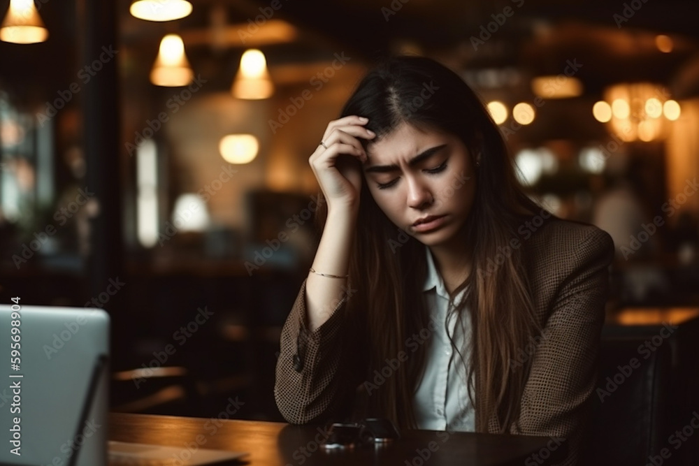 Woman with headache sits at table in cafe, created with Generative AI Technology