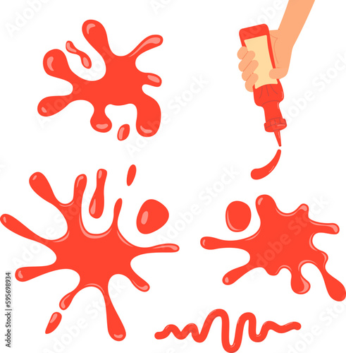 Sauce drops and bottle in hand with ketchup. Red sauces splashes, salsa, tomato or hot red pepper dripping. Vector isolated food topping elements