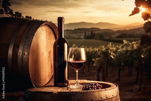 Red wine bottle, wine glass and wodden barrel. Beautiful Italy Tuscany vineyard background. AI generative