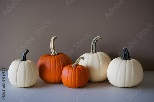 Halloween holiday, a variety of pumpkins on a white table and gray background, generative ai 