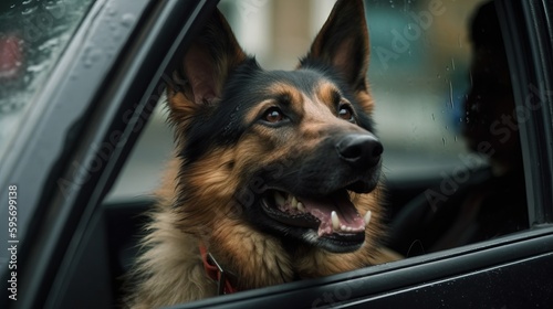 Happy dog in the car window photorealistic. Al generated
