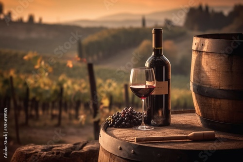 Red wine bottle, wine glass and wodden barrel. Beautiful Italy Tuscany vineyard background. AI generative
