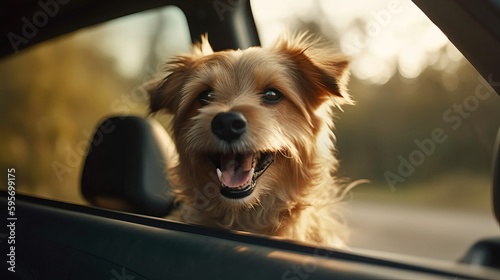 Happy dog in the car window photorealistic. Al generated