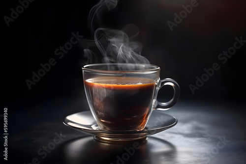 Glass cup with hot steaming coffee on black background with free space. Generative AI