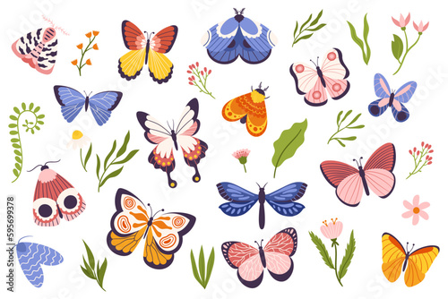 Set Of Colorful Butterflies and Moths, Each Unique In Size, Shape, And Color, Representing The Beauty And Diversity