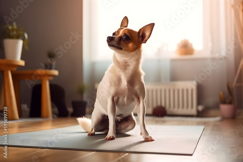 Funny dog practicing yoga lesson indoor on the yoga mat. Sports with pets at home. Generative AI