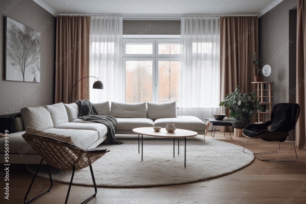 3D rendering of a modern living room, furnished in Scandinavian style. The room features clean lines, minimalistic design, and a neutral color palette. Generative Ai