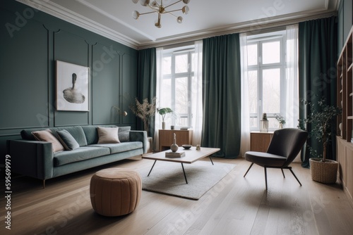 3D rendering of a modern living room, furnished in Scandinavian style. The room features clean lines, minimalistic design, and a neutral color palette. Generative Ai