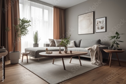 3D rendering of a modern living room, furnished in Scandinavian style. The room features clean lines, minimalistic design, and a neutral color palette. Generative Ai © ChaoticMind