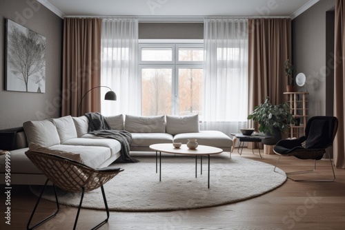 3D rendering of a modern living room  furnished in Scandinavian style. The room features clean lines  minimalistic design  and a neutral color palette. Generative Ai