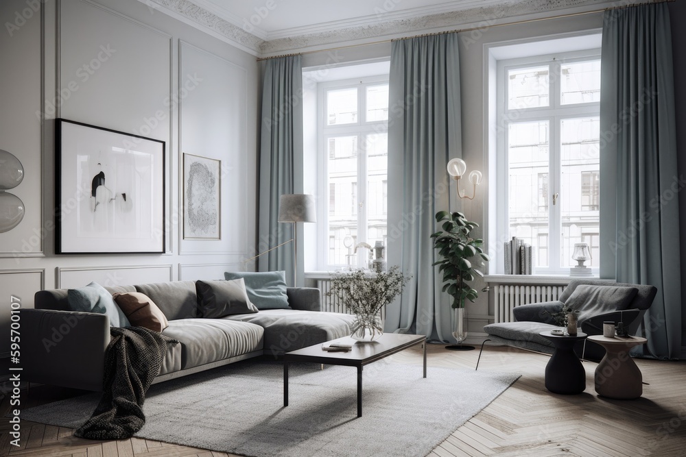 Fototapeta premium 3D rendering of a modern living room, furnished in Scandinavian style. The room features clean lines, minimalistic design, and a neutral color palette. Generative Ai
