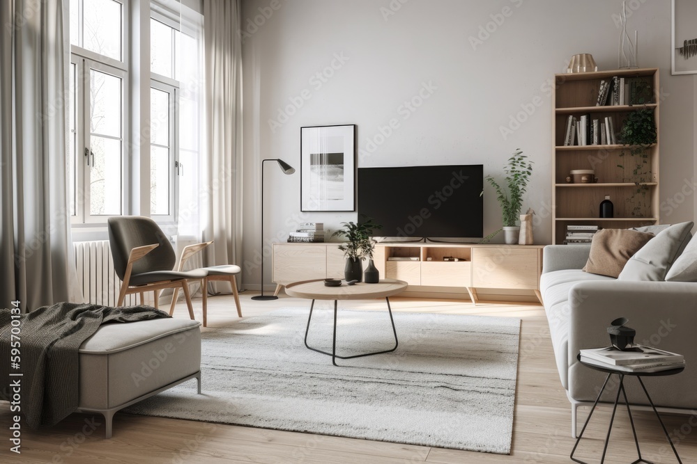 3D rendering of a modern living room, furnished in Scandinavian style. The room features clean lines, minimalistic design, and a neutral color palette. Generative Ai