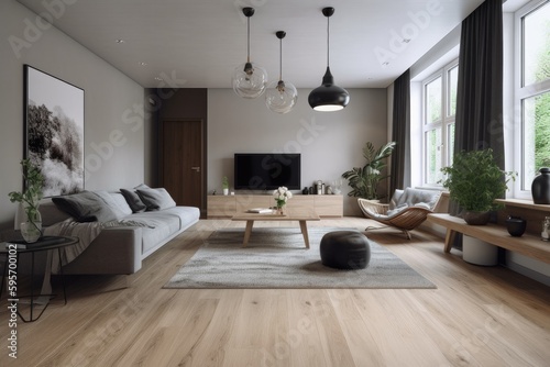 3D rendering of a modern living room  furnished in Scandinavian style. The room features clean lines  minimalistic design  and a neutral color palette. Generative Ai