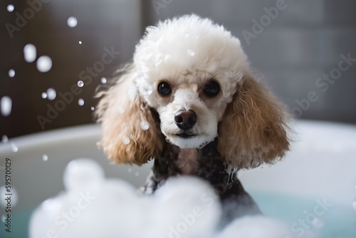 White poodle taking a bath with bath foam. Generative AI © Aliaksandra