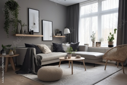 3D rendering of a modern living room, furnished in Scandinavian style. The room features clean lines, minimalistic design, and a neutral color palette. Generative Ai