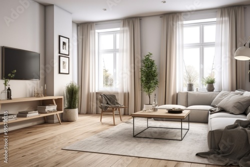 3D rendering of a modern living room, furnished in Scandinavian style. The room features clean lines, minimalistic design, and a neutral color palette. Generative Ai © ChaoticMind