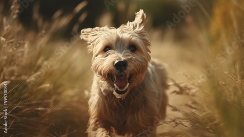 Happy dog running in grass close-up. AI generated