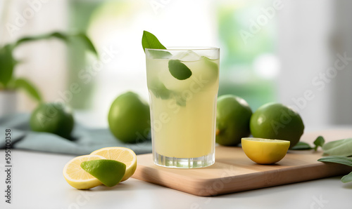 lime lemonade with lemon in a glass on a table on white kitchen the background, lifestyle. Generative AI