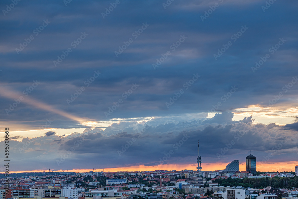 City of Prague, sky, storm, rays, sun, Žižkov tower, buildings, Žižkov, Vinohrady, dark sky, after rain, reflections, light, rays break through clouds