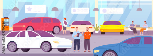 Car sellers. Cars salesmen with automobile buyer owner in automobile showroom auto dealer store, people sell or rent vehicle, automotive sale office, splendid vector illustration © ssstocker