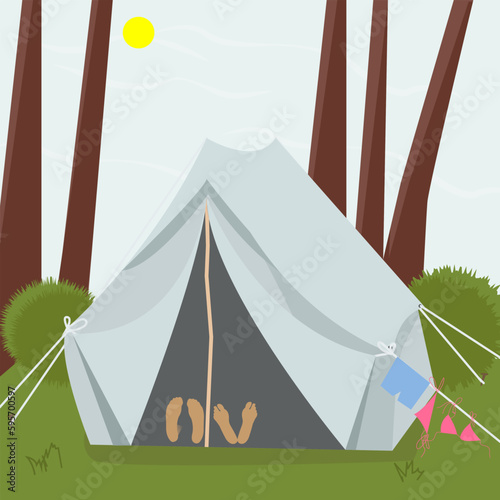 Image of a pair of legs in a tent resting in nature. Web banner on the theme of trekking, hiking, walking. Sports, Camping, outdoor recreation, outdoor adventure, vacation. Modern flat design. Evening