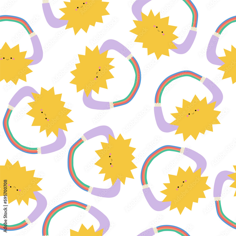 Seamless pattern with sun and rainbow. Cute childish print. Vector hand drawn illustration. Seamless pattern with sun and rainbow. Cute childish print. Vector hand drawn illustration.