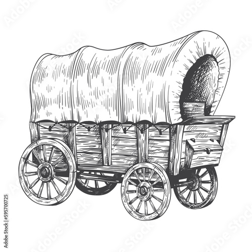 Covered wagon sketch. Old trip carriage, vintage horse vehicles drawing, wooden farming tent cart traditional western trravel cowboy pioneer vehicle ingenious vector illustration