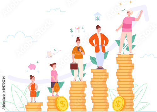 Age investment. Retirement money plan concept, financial savings level coins, wealth growth of kid girl deposit to retired grandmother rich pension fund, invest vector illustration