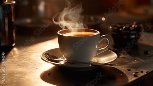 Cup of hot coffee with smoke on wooden table on blurred background. Al generated