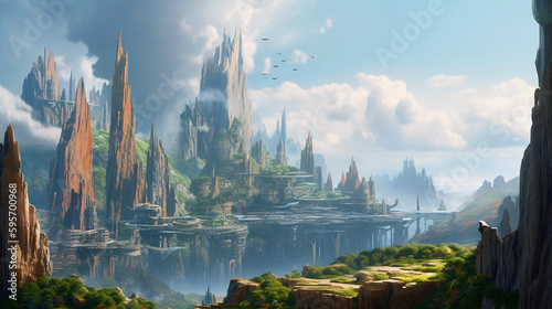 Beautiful Utopia Futuristic Metropolis 3D Art Illustration. Waterfalls, mountains, vegetation, Sci-Fi City Conceptual Background. (AI Generated)