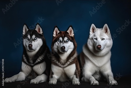 three husky dogs sitting together in a snowy landscape. Generative AI