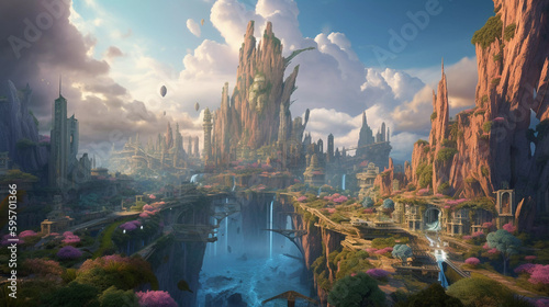Beautiful Utopia Futuristic Metropolis 3D Art Illustration.  Waterfalls, mountains, vegetation, Sci-Fi City Conceptual Background. (AI Generated) © AI DREAMS