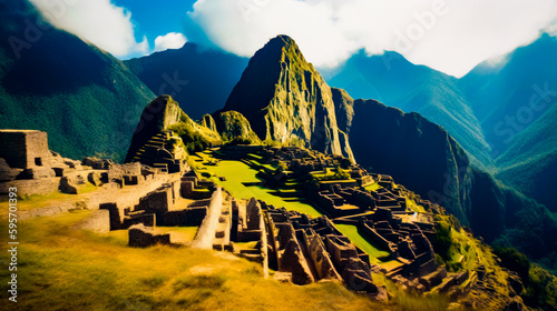 The ruins of machaca picach on the side of mountain in peru. Generative AI.