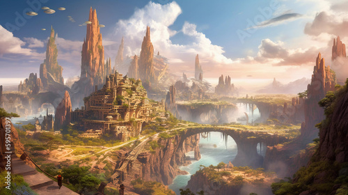 Beautiful Utopia Futuristic Metropolis 3D Art Illustration.  Waterfalls  mountains  vegetation  Sci-Fi City Conceptual Background.  AI Generated 